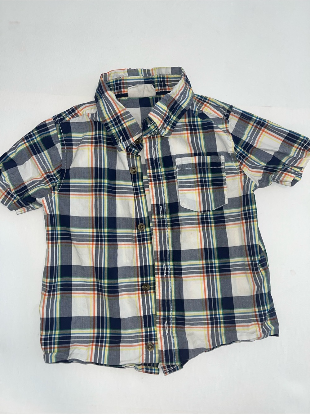 CLEARANCE 4 for $12 Plaid Short-Sleeve Button-Down Shirt Navy, White Yellow 3T